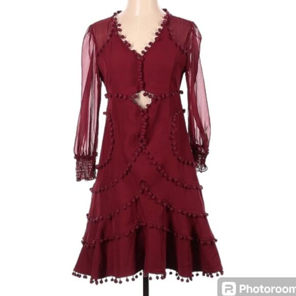 Avantlook Pompom Ruffled Dress size Small Burgundy - Picture 2 of 5